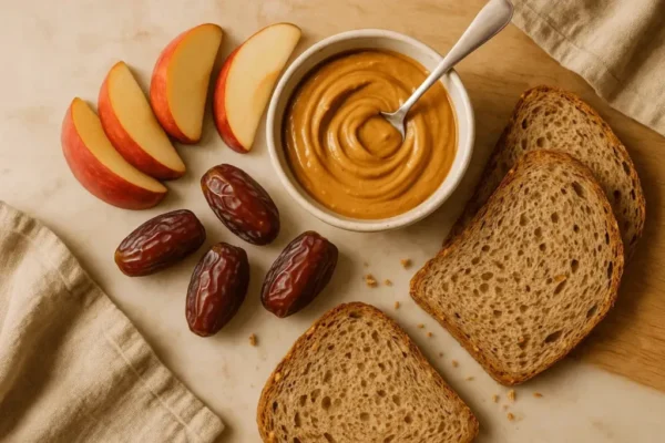 کره بادام زمینی با سیب، خرما و نان سبوس‌دار